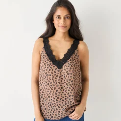 Bloes En Tuniek<Blancheporte Topje met V-hals in kant, luipaardprint karamel / zwart
