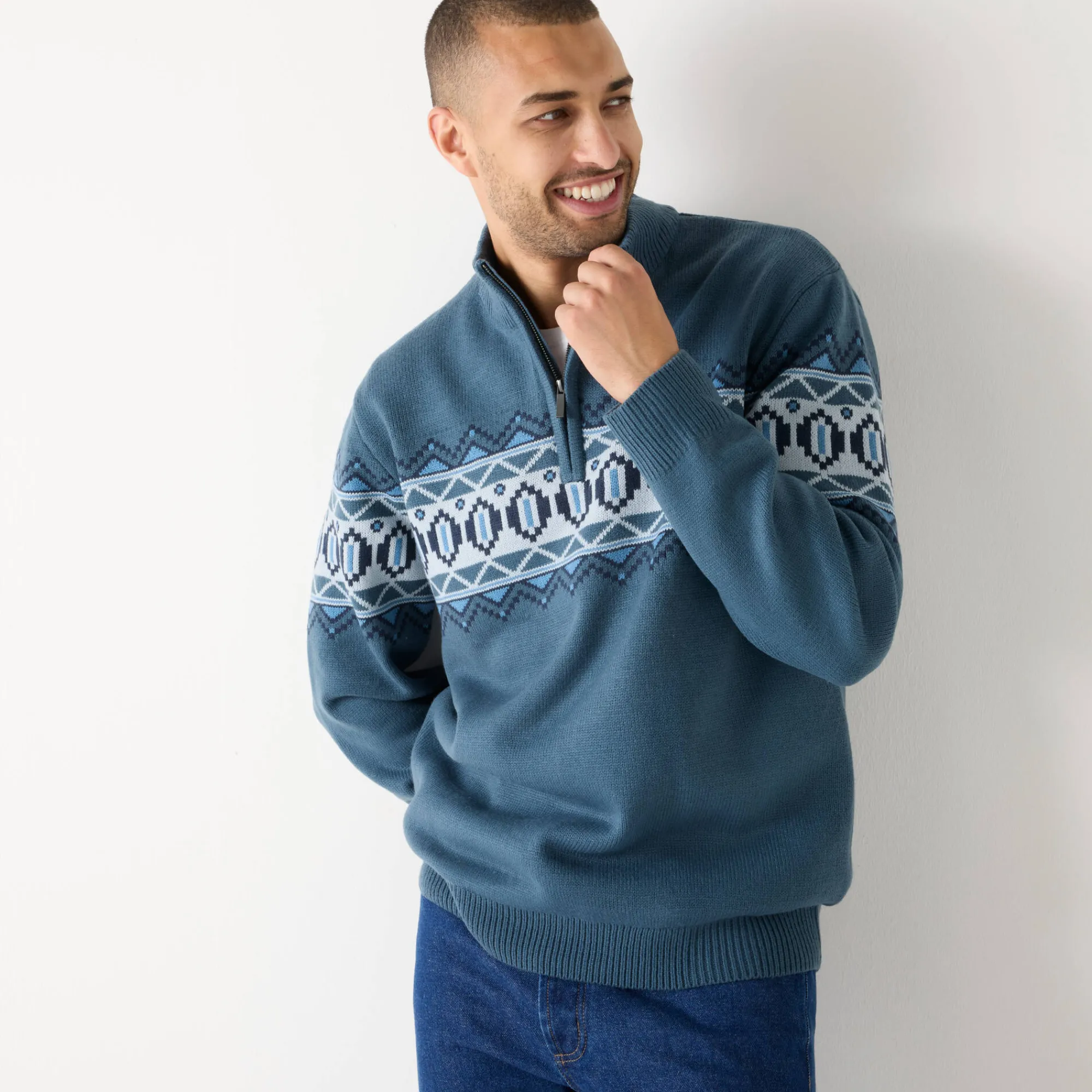 Trui En Vest<Blancheporte Trucker trui van jersey met jacquardmotief en fleecevoering grijsblauw