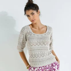 Trui En Vest<Blancheporte Trui in fantasie ajourtricot, mouwen op ellebooglengte beige