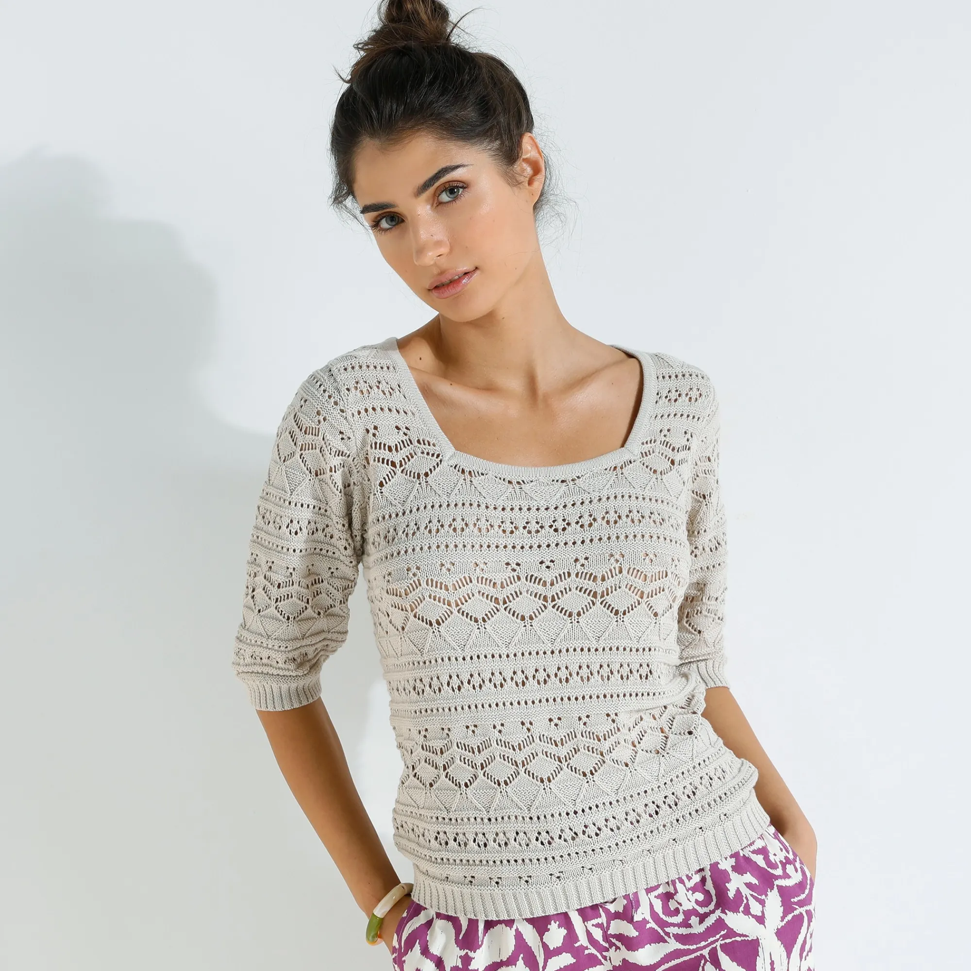 Trui En Vest<Blancheporte Trui in fantasie ajourtricot, mouwen op ellebooglengte beige