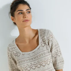 Trui En Vest<Blancheporte Trui in fantasie ajourtricot, mouwen op ellebooglengte beige