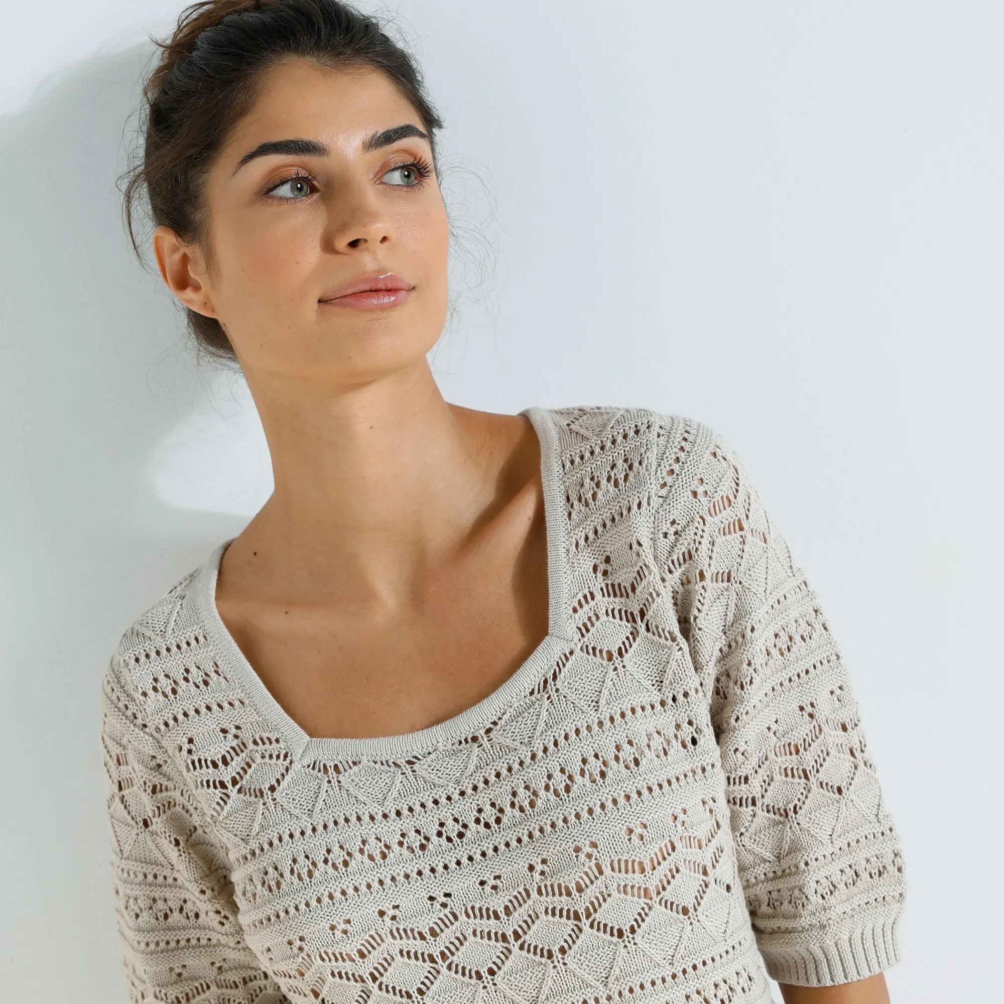 Trui En Vest<Blancheporte Trui in fantasie ajourtricot, mouwen op ellebooglengte beige