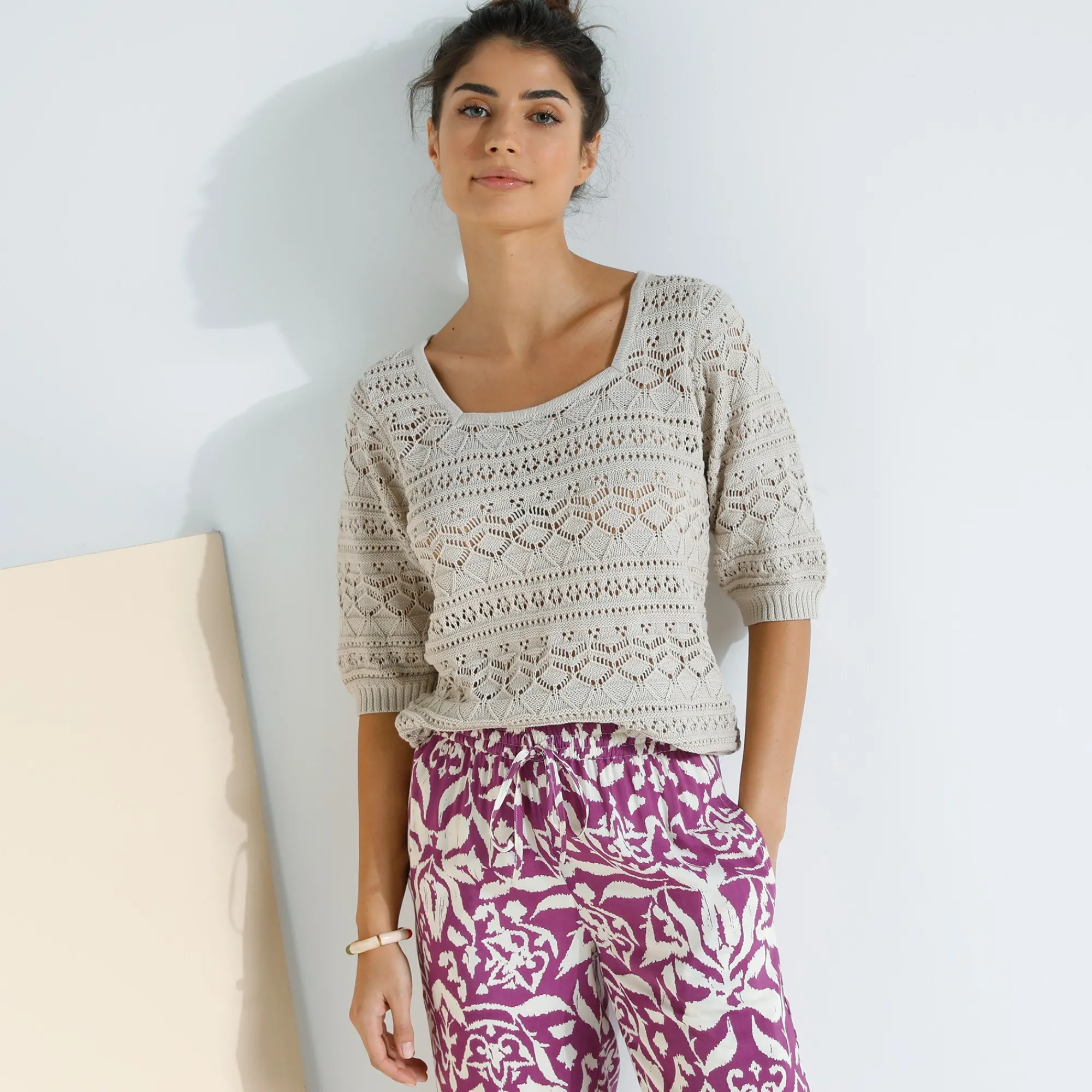 Trui En Vest<Blancheporte Trui in fantasie ajourtricot, mouwen op ellebooglengte beige