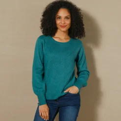 Trui En Vest<Blancheporte Trui in fantasietricot en knoopdetail aan de polsen, zachte touch donker turkoois