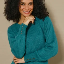 Trui En Vest<Blancheporte Trui in fantasietricot en knoopdetail aan de polsen, zachte touch donker turkoois