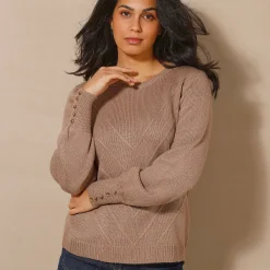 Trui En Vest<Blancheporte Trui in fantasietricot en knoopdetail aan de polsen, zachte touch taupe