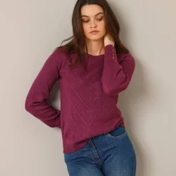 Trui En Vest<Blancheporte Trui in fantasietricot en knoopdetail aan de polsen, zachte touch pruim