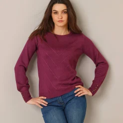 Trui En Vest<Blancheporte Trui in fantasietricot en knoopdetail aan de polsen, zachte touch pruim