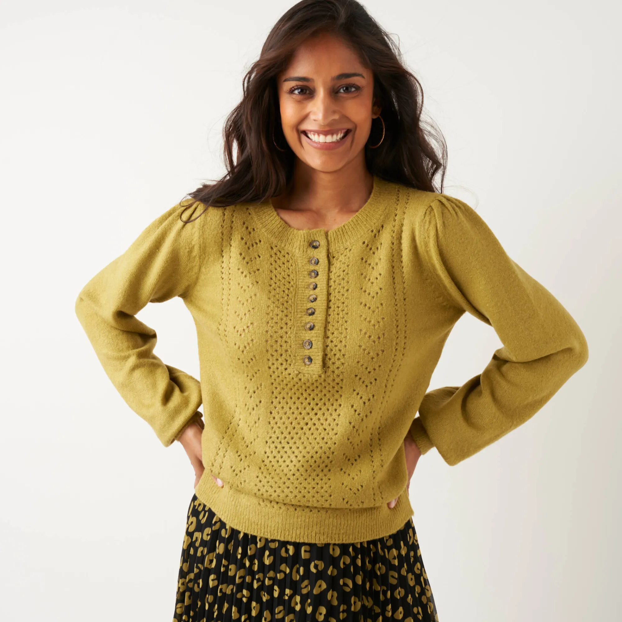 Trui En Vest<Blancheporte Trui in fantasietricot met Tunesische hals olijfgroen