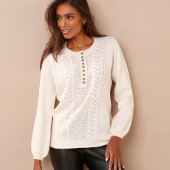Trui En Vest<Blancheporte Trui in fantasietricot met Tunesische hals ecru