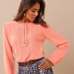 Trui En Vest<Blancheporte Trui in fantasietricot met Tunesische hals perzik