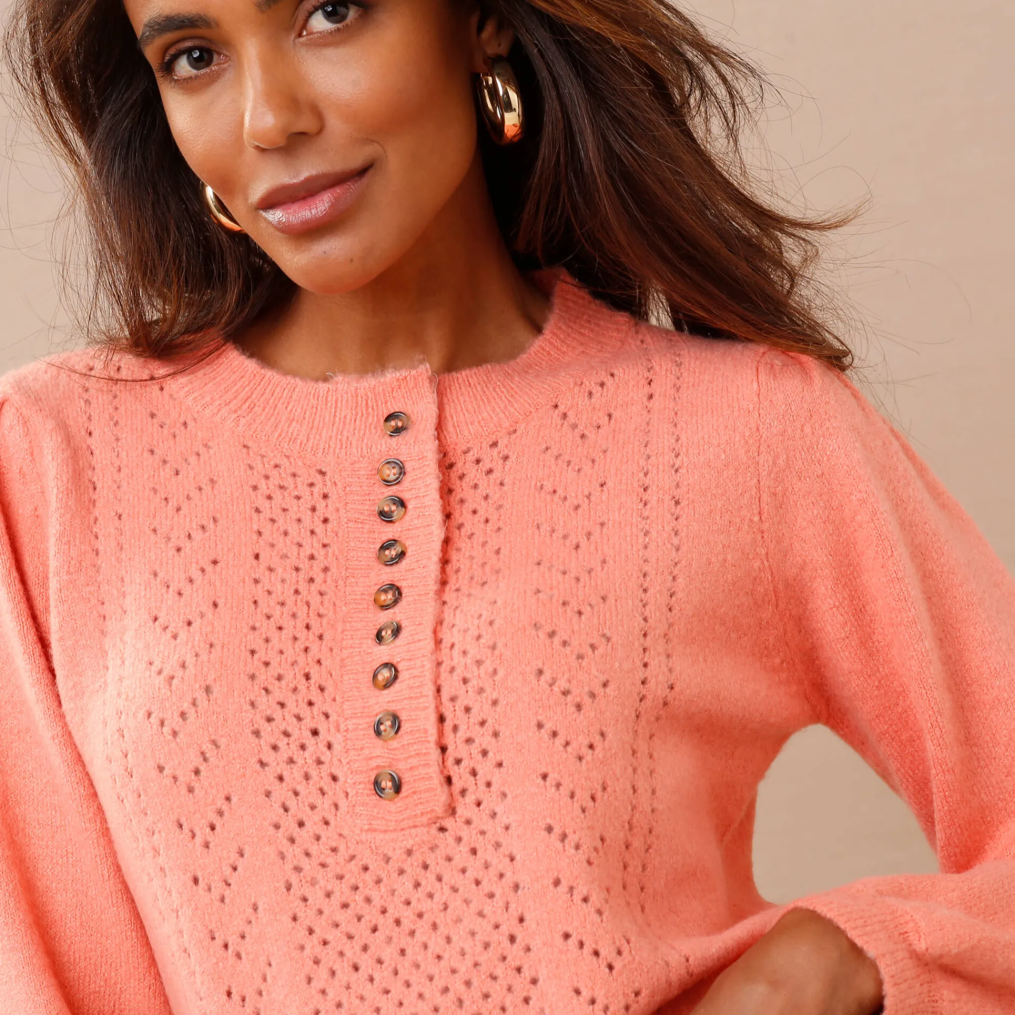 Trui En Vest<Blancheporte Trui in fantasietricot met Tunesische hals perzik