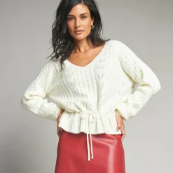 Trui En Vest<Lora Zellini Trui in fantasietricot met V-hals ecru