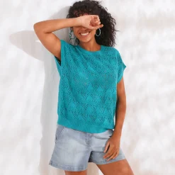 Trui En Vest<Blancheporte Trui in gehaakt tricot, effen turkoois