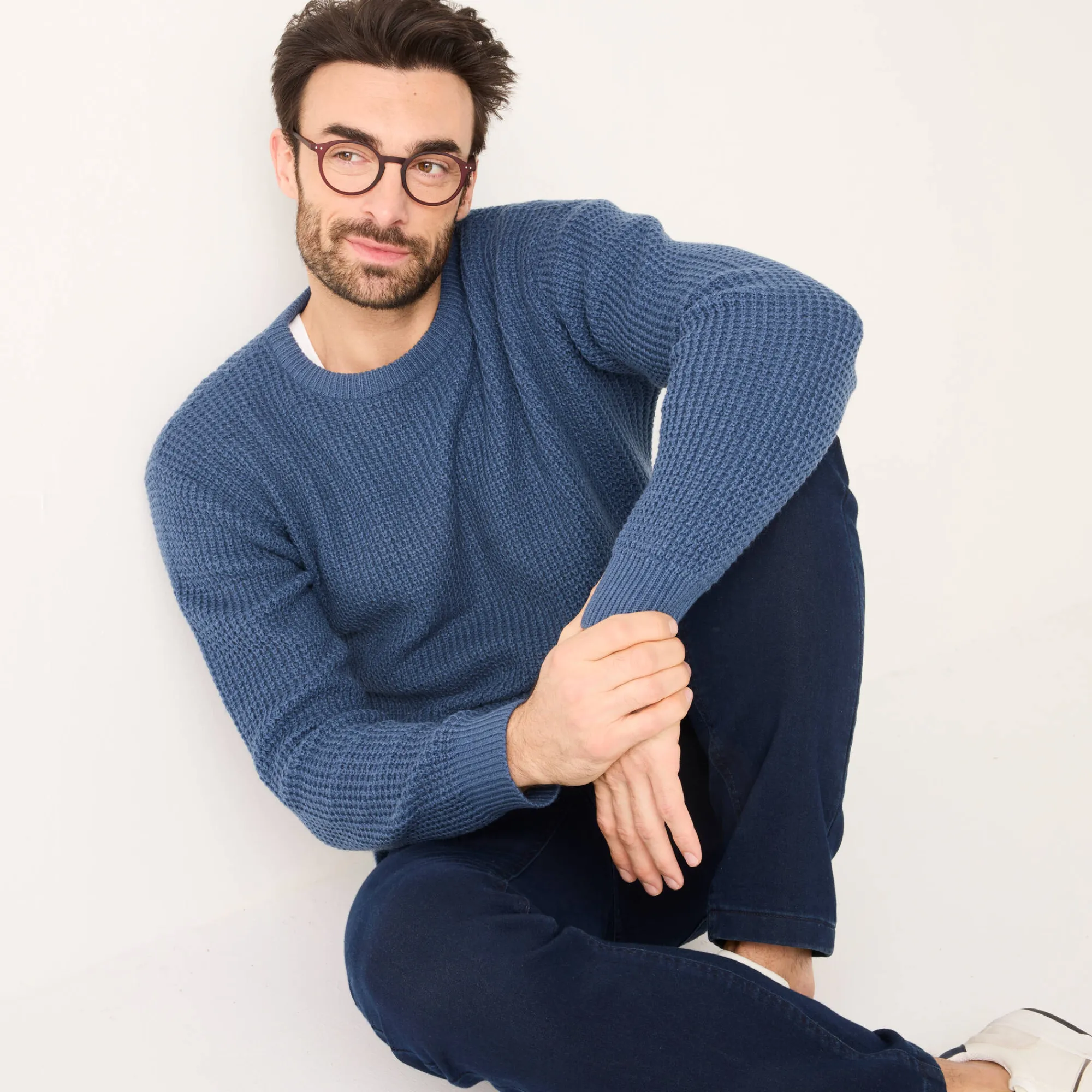 Feestoutfits Heren|Trui En Vest<Blancheporte Trui in gewafeld tricot, ronde hals leigrijsblauw