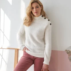 Trui En Vest<Blancheporte Trui in harig fantasietrioct met opstaand kraagje ecru