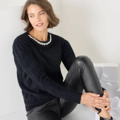 Feestoutfits Dames|Trui En Vest<Blancheporte Trui in harig tricot met strasjes zwart