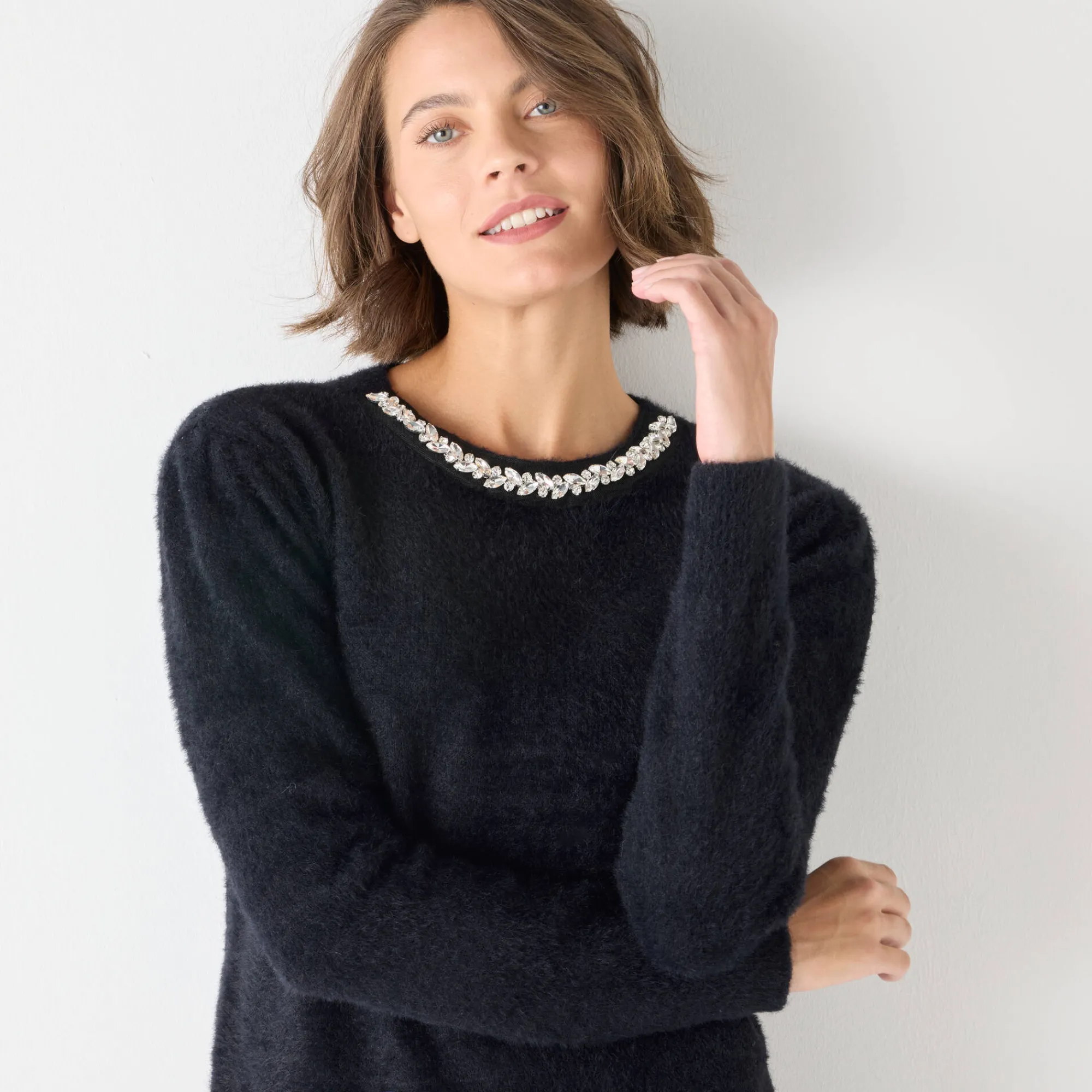 Feestoutfits Dames|Trui En Vest<Blancheporte Trui in harig tricot met strasjes zwart