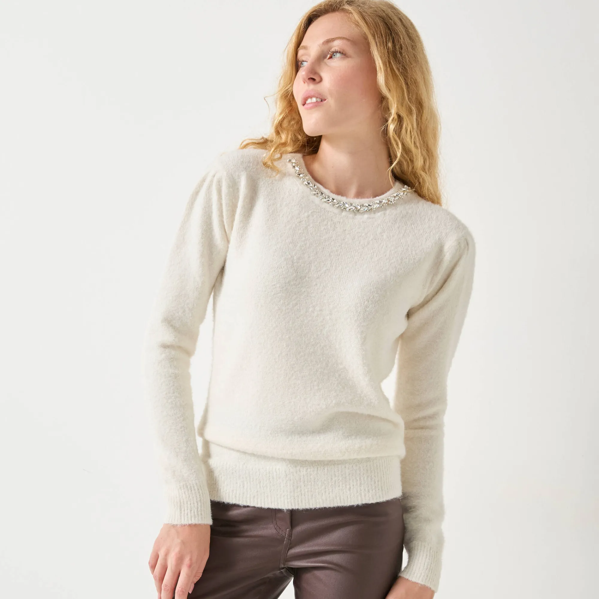 Feestoutfits Dames|Trui En Vest<Blancheporte Trui in harig tricot met strasjes ecru