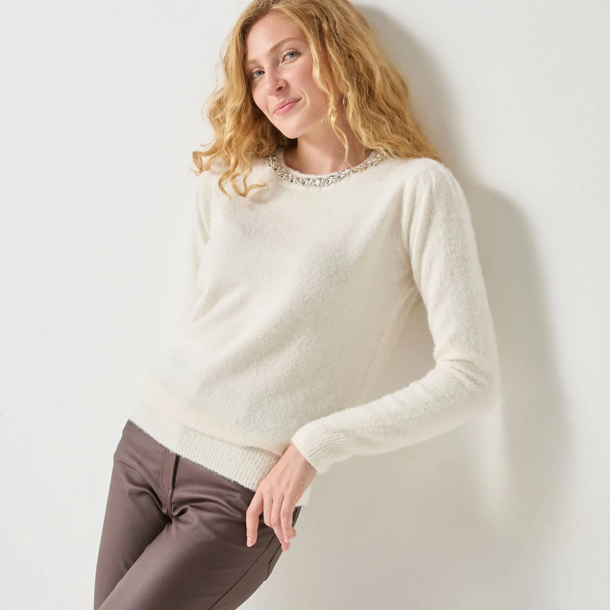 Feestoutfits Dames|Trui En Vest<Blancheporte Trui in harig tricot met strasjes ecru