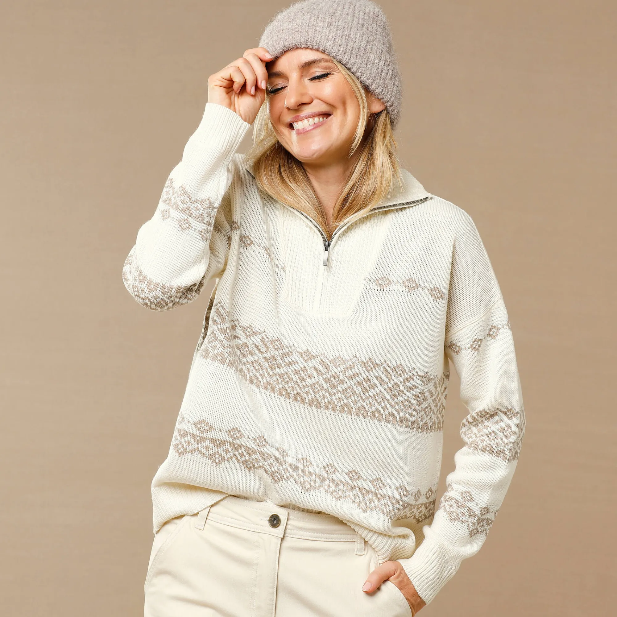 Trui En Vest<Blancheporte Trui in jacquard, truckerskraag met rits ecru / beige