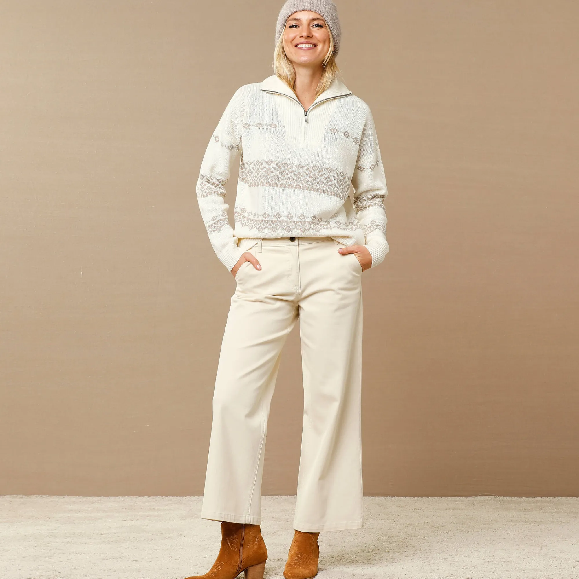 Trui En Vest<Blancheporte Trui in jacquard, truckerskraag met rits ecru / beige