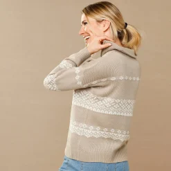 Trui En Vest<Blancheporte Trui in jacquard, truckerskraag met rits hazelnootbruin / ecru