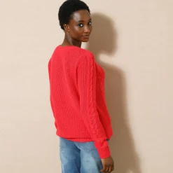Trui En Vest<Blancheporte Trui in kabeltricot, ronde hals rood
