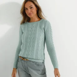 Trui En Vest<Blancheporte Trui in kabeltricot, ronde hals grijsgroen