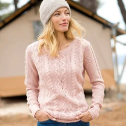 Trui En Vest<Blancheporte Trui in kabeltricot, ronde hals poederroze