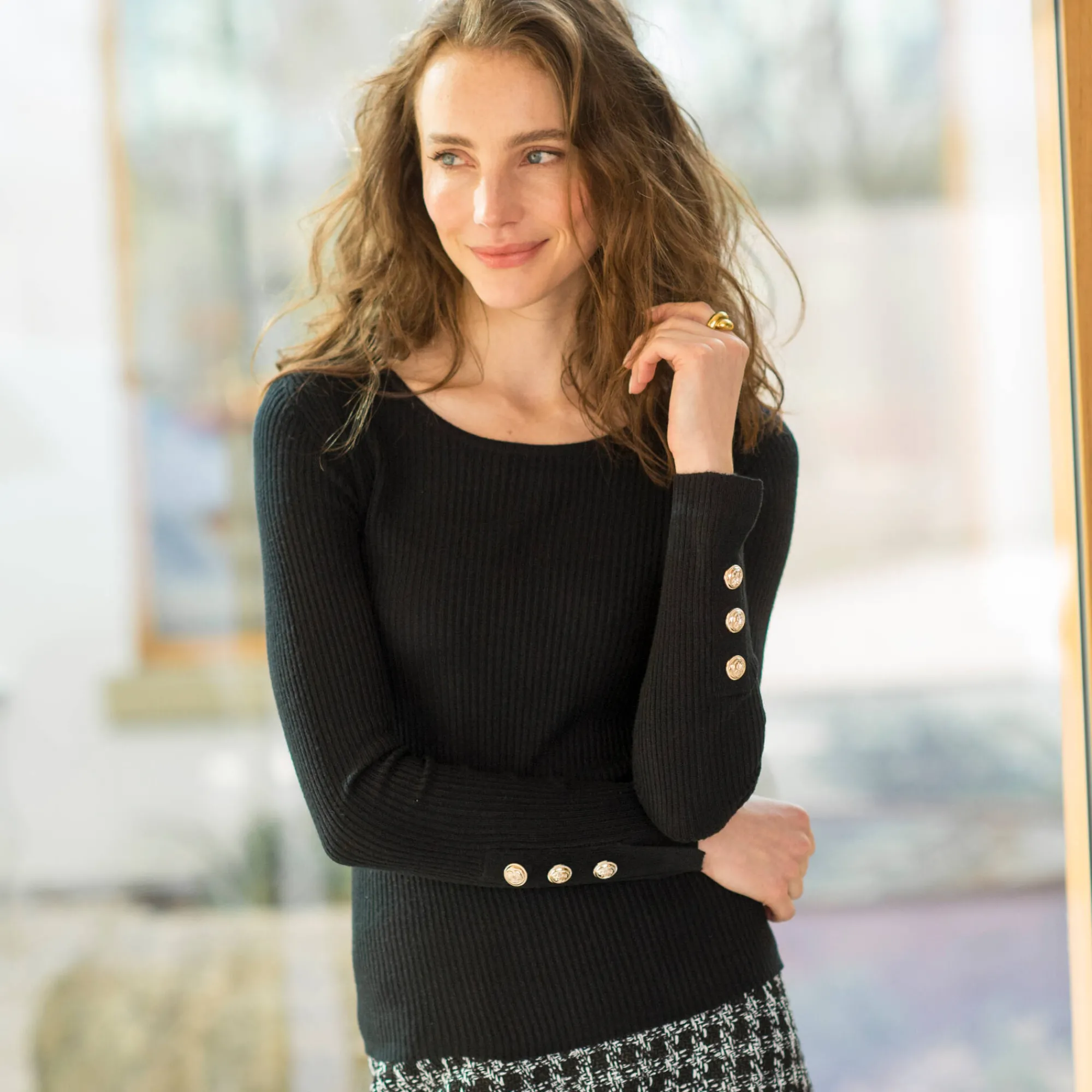 Trui En Vest<Blancheporte Trui in kouseribbeltricot, met officiersknopen zwart