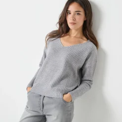 Trui En Vest<Blancheporte Trui in loose model met V-hals, patenttricot met zachte touch chiné grijs