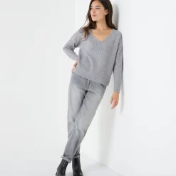 Trui En Vest<Blancheporte Trui in loose model met V-hals, patenttricot met zachte touch chiné grijs