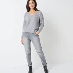 Trui En Vest<Blancheporte Trui in loose model met V-hals, patenttricot met zachte touch chiné grijs