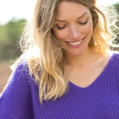 Trui En Vest<Blancheporte Trui in loose model met V-hals, patenttricot met zachte touch paars