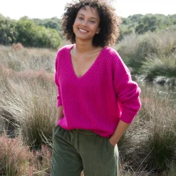 Trui En Vest<Blancheporte Trui in loose model met V-hals, patenttricot met zachte touch fuchsiaroze