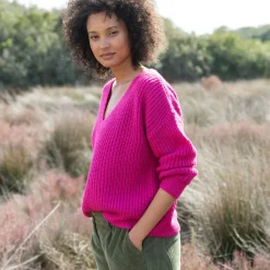 Trui En Vest<Blancheporte Trui in loose model met V-hals, patenttricot met zachte touch fuchsiaroze