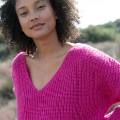 Trui En Vest<Blancheporte Trui in loose model met V-hals, patenttricot met zachte touch fuchsiaroze