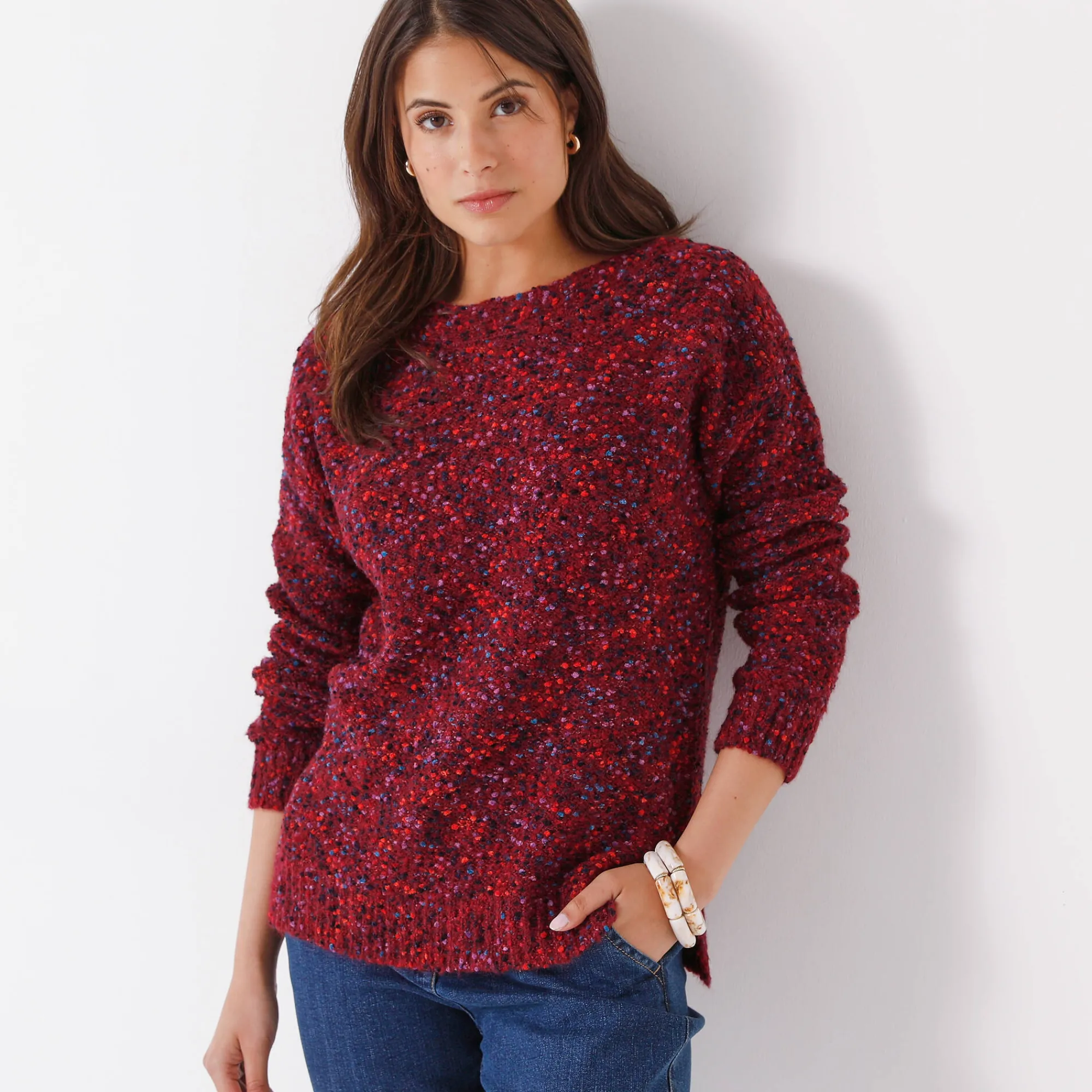 Trui En Vest<Blancheporte Trui in lusjestricot met boothals pruim