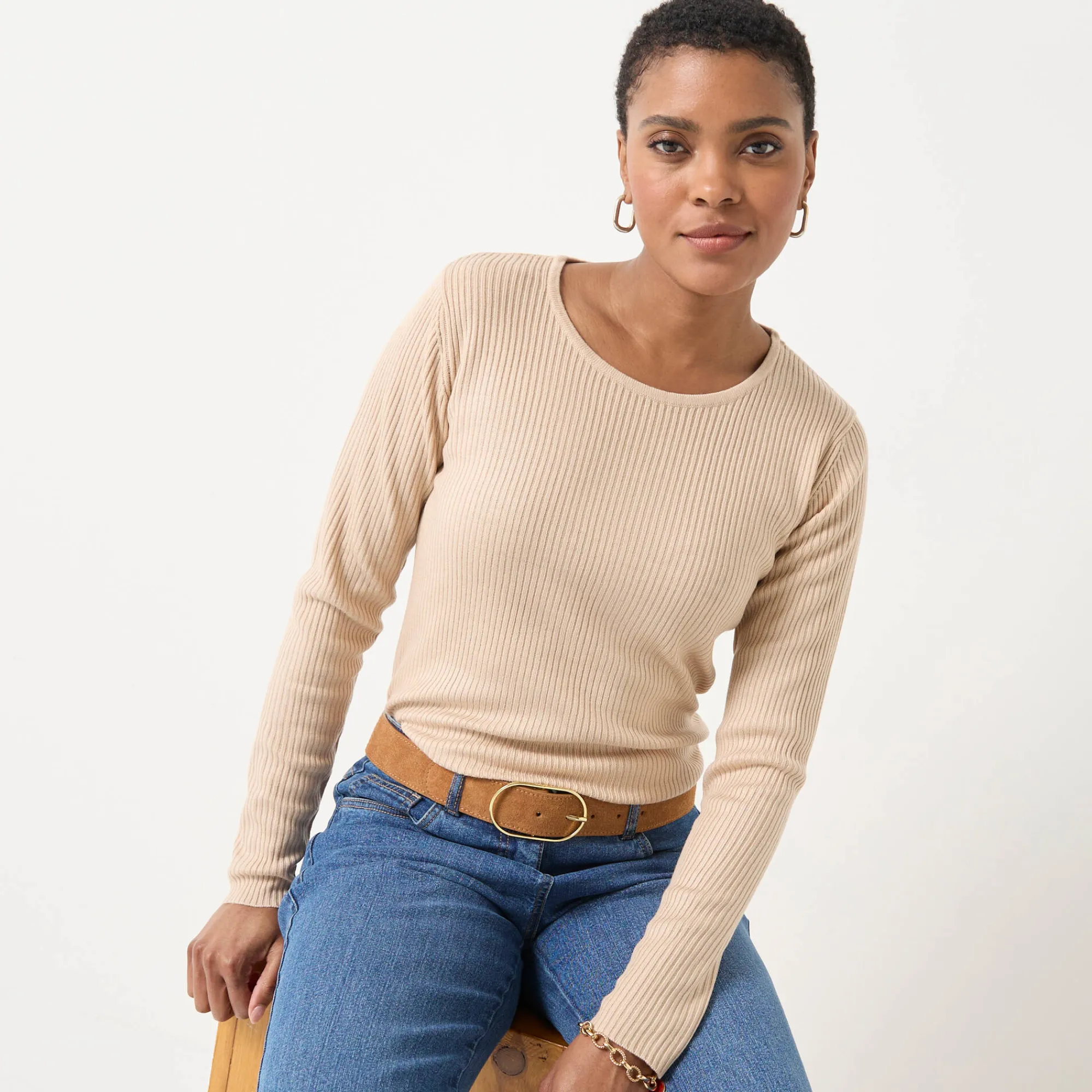 Trui En Vest<Blancheporte Trui in ribtricot met ronde hals grijsbeige