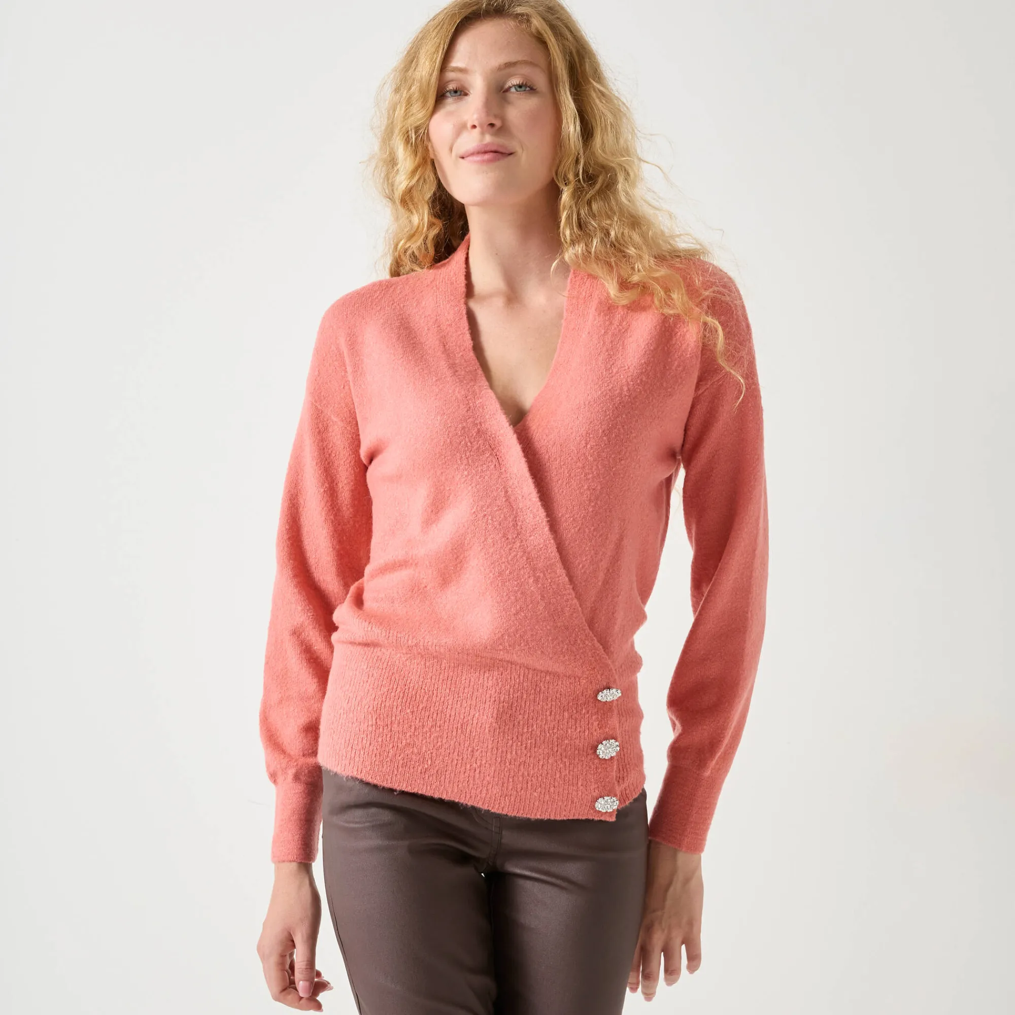 Feestoutfits Dames|Trui En Vest<Blancheporte Trui in wikkelstijl met juweelknopen koraal