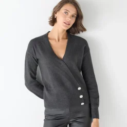 Feestoutfits Dames|Trui En Vest<Blancheporte Trui in wikkelstijl met juweelknopen antraciet