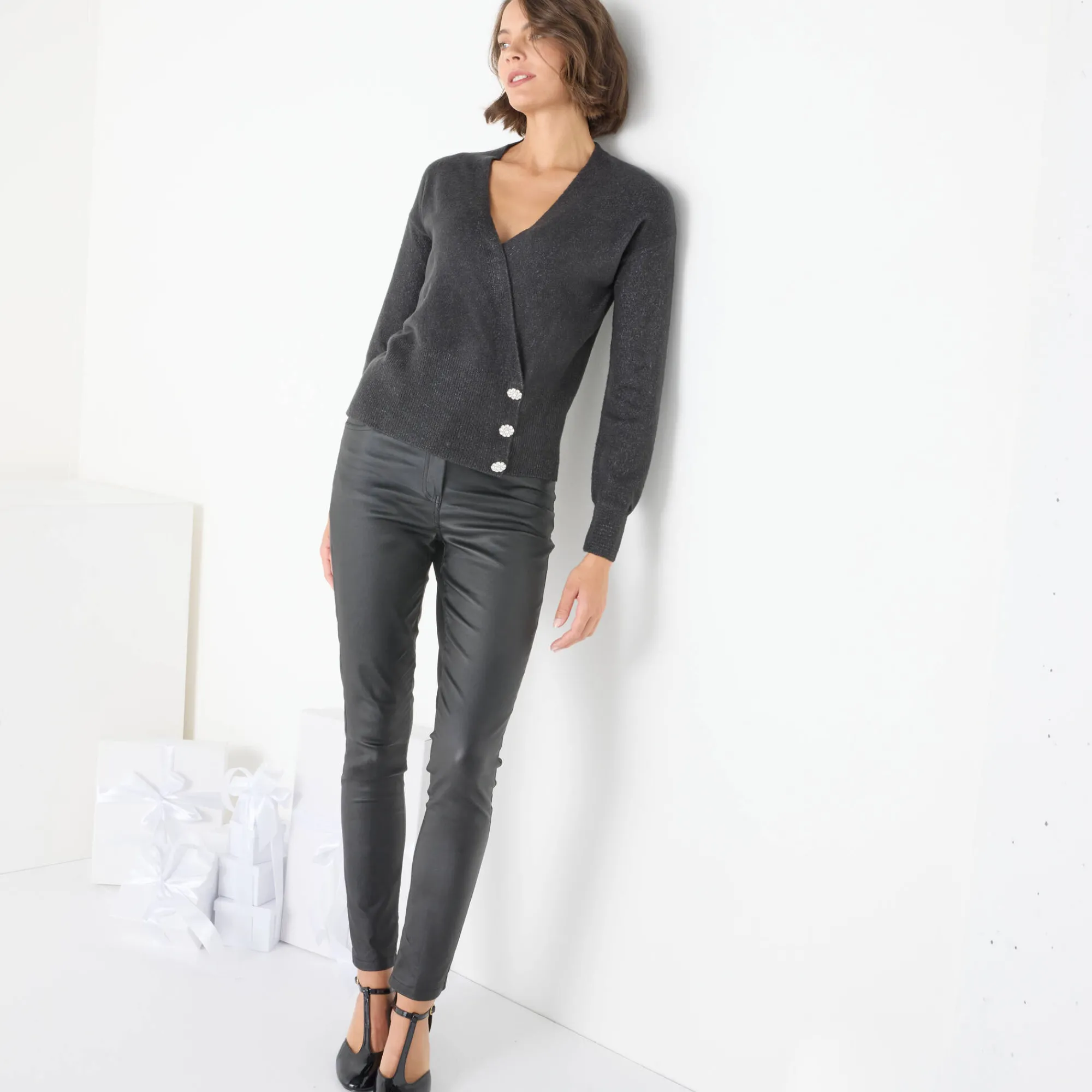 Feestoutfits Dames|Trui En Vest<Blancheporte Trui in wikkelstijl met juweelknopen antraciet
