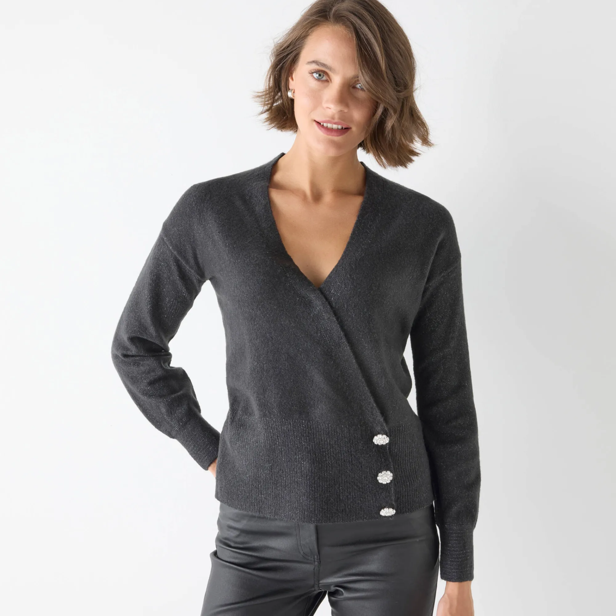 Feestoutfits Dames|Trui En Vest<Blancheporte Trui in wikkelstijl met juweelknopen antraciet