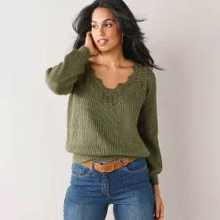 Trui En Vest<Blancheporte Trui met ajourdetails, pareltricot kaki