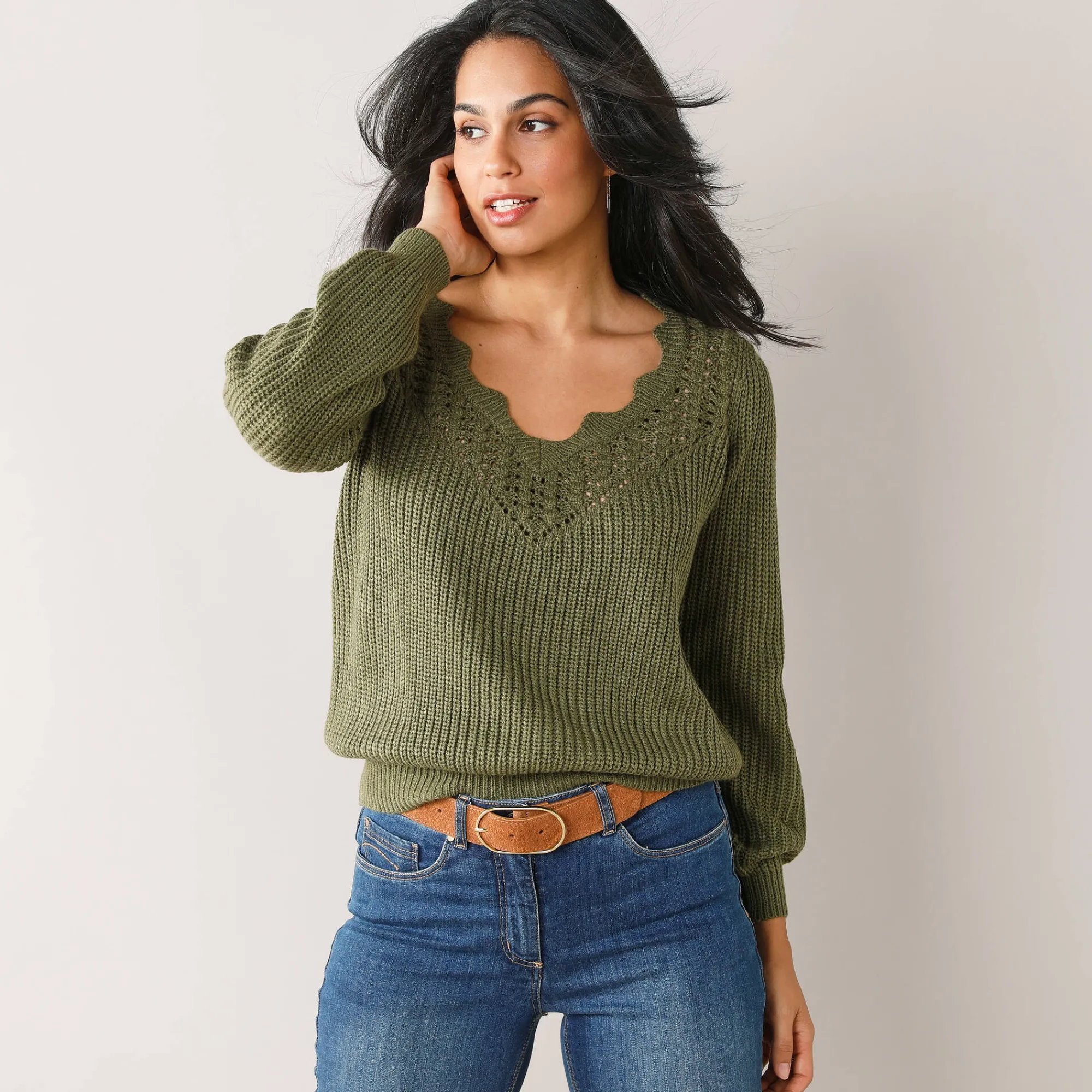 Trui En Vest<Blancheporte Trui met ajourdetails, pareltricot kaki
