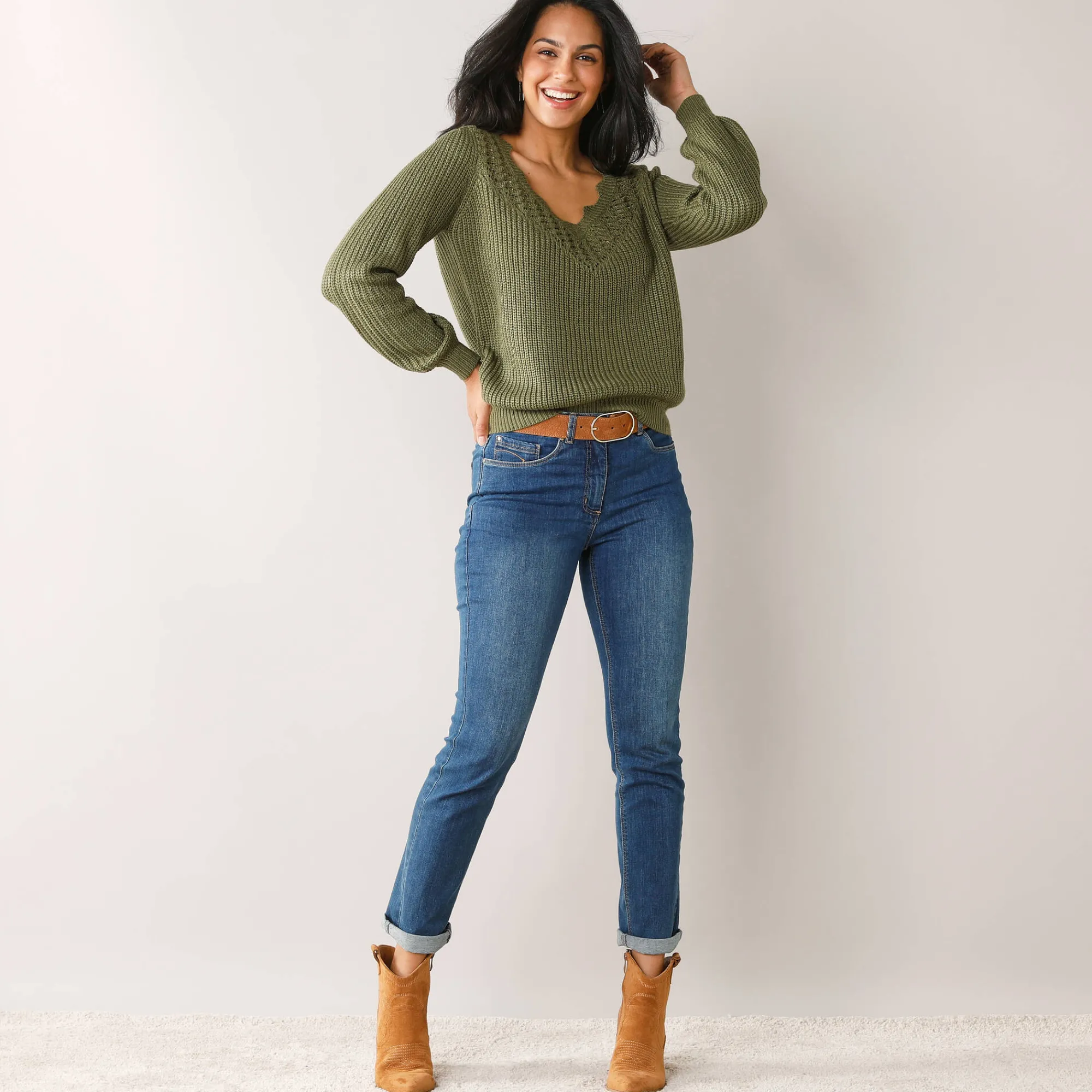 Trui En Vest<Blancheporte Trui met ajourdetails, pareltricot kaki