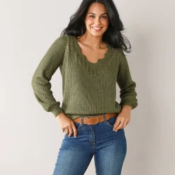 Trui En Vest<Blancheporte Trui met ajourdetails, pareltricot kaki