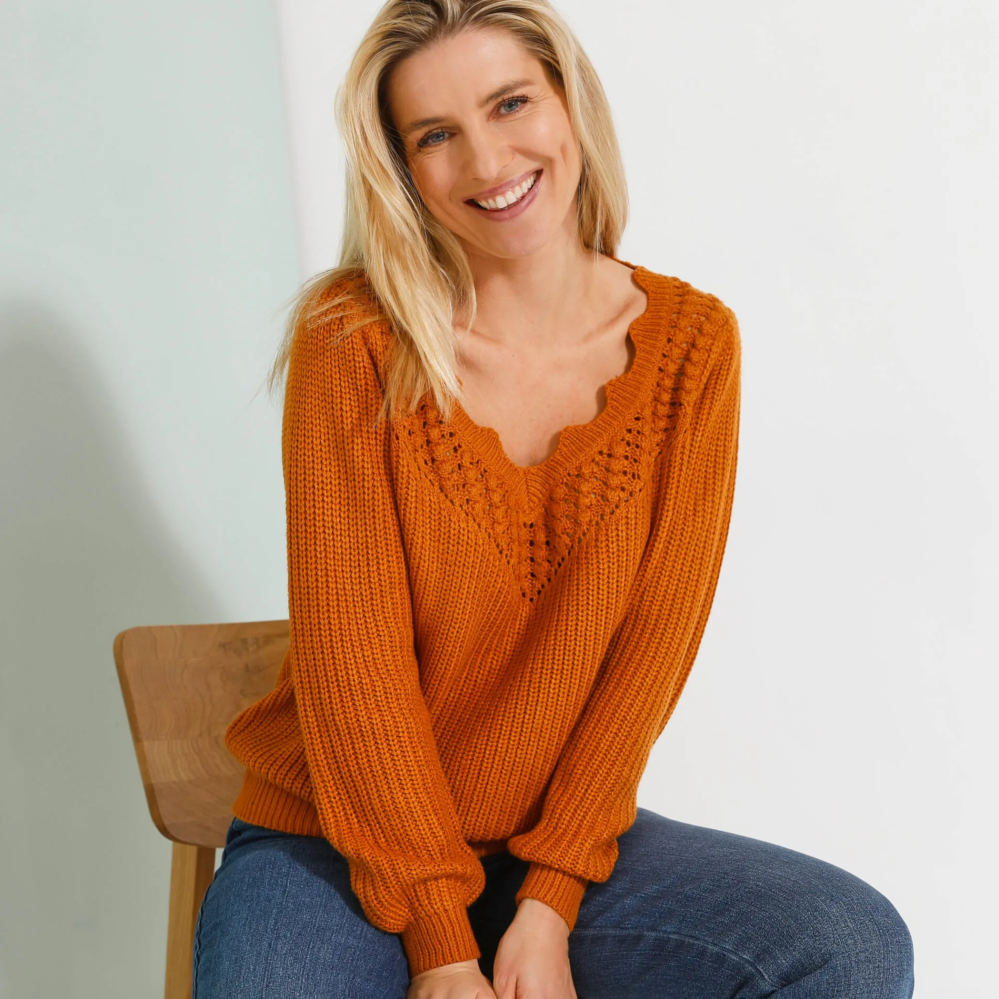 Trui En Vest<Blancheporte Trui met ajourdetails, pareltricot honing