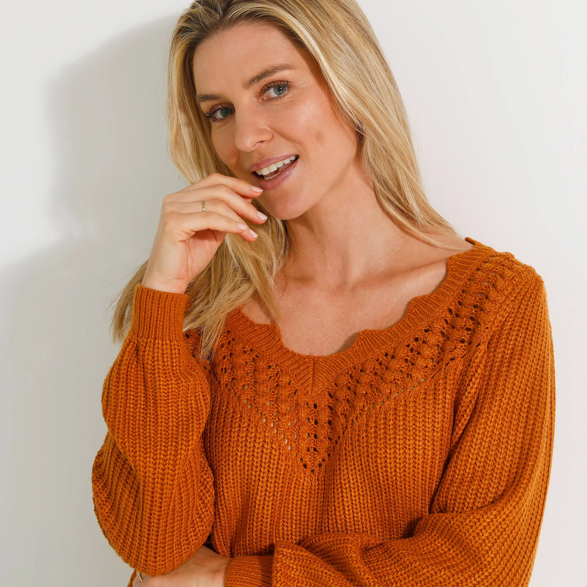 Trui En Vest<Blancheporte Trui met ajourdetails, pareltricot honing